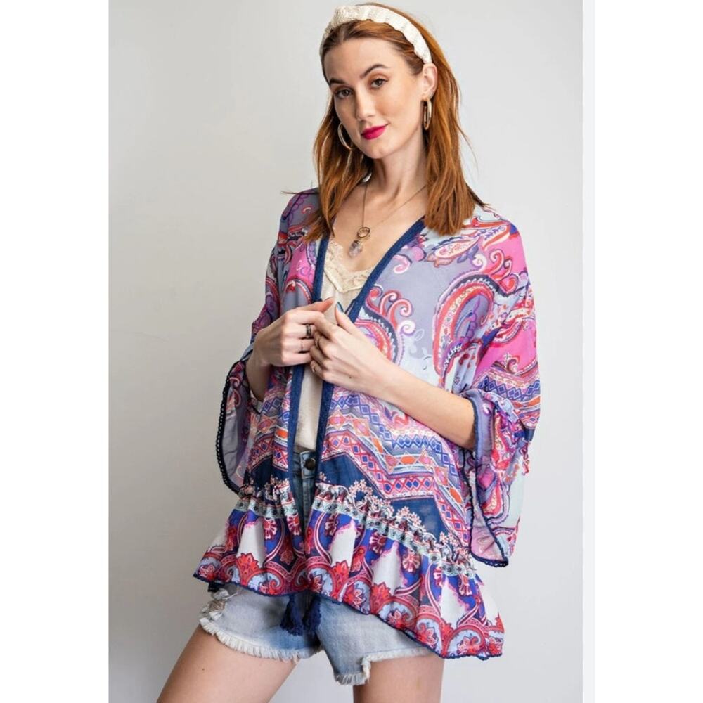 Easel Sheer Paisley Boho Kimono Sleeve Blouse Tunic Size Large